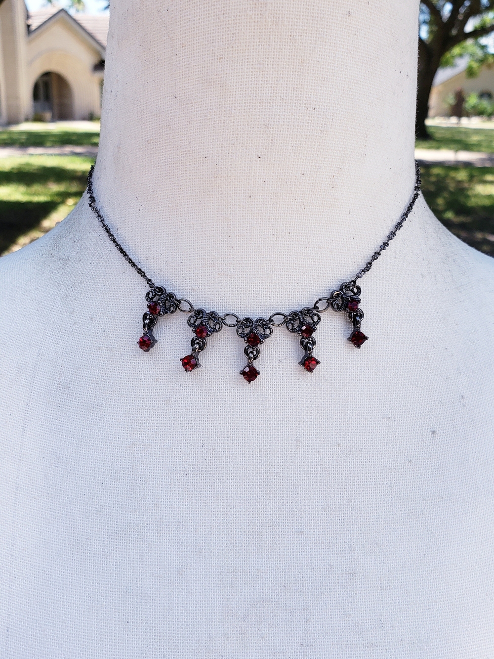 Gunmetal Dainty Choker Necklace with Red Crystal Drops